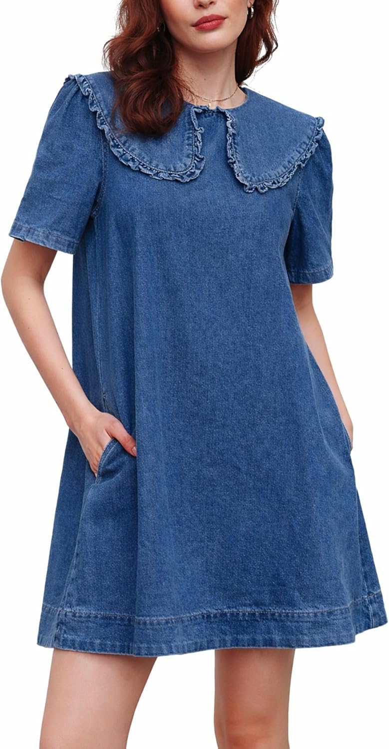 Kedera Womens Denim Mini Dress 2025 Peter Pan Collar Short Sleeve Casual Summer Babydoll Jean Dress with Pockets