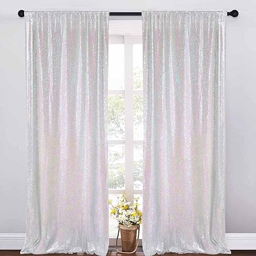 Cortina tipo telón de fondo de lentejuelas de 2 x 8 pies, color blanco iridiscente, cortina de fondo brillante, sin costuras, fondo de fotografía,