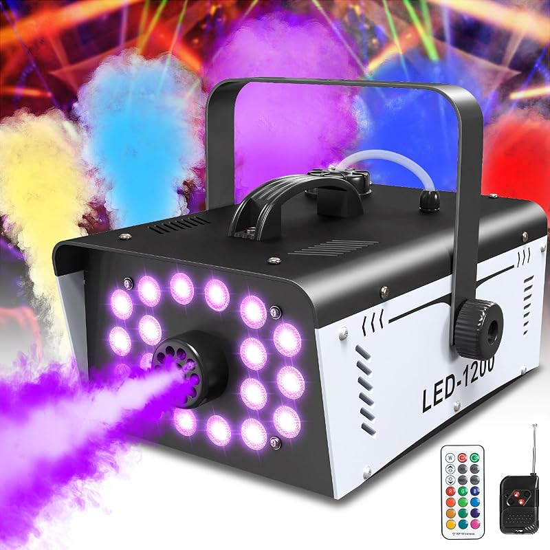 Máquina de niebla de 1200 W para Halloween al aire libre, 18 luces 6000 CFM niebla de máquina de humo | Máquina de humo interior con control remoto para bodas, fiestas, DJ y discotecas