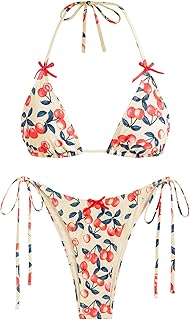 ZAFUL Women's Sexy Halter Bikini Sets Bow Decor Tiny Floral Print Bikini Swimsuits Tie Side Triangle Bathing Suits