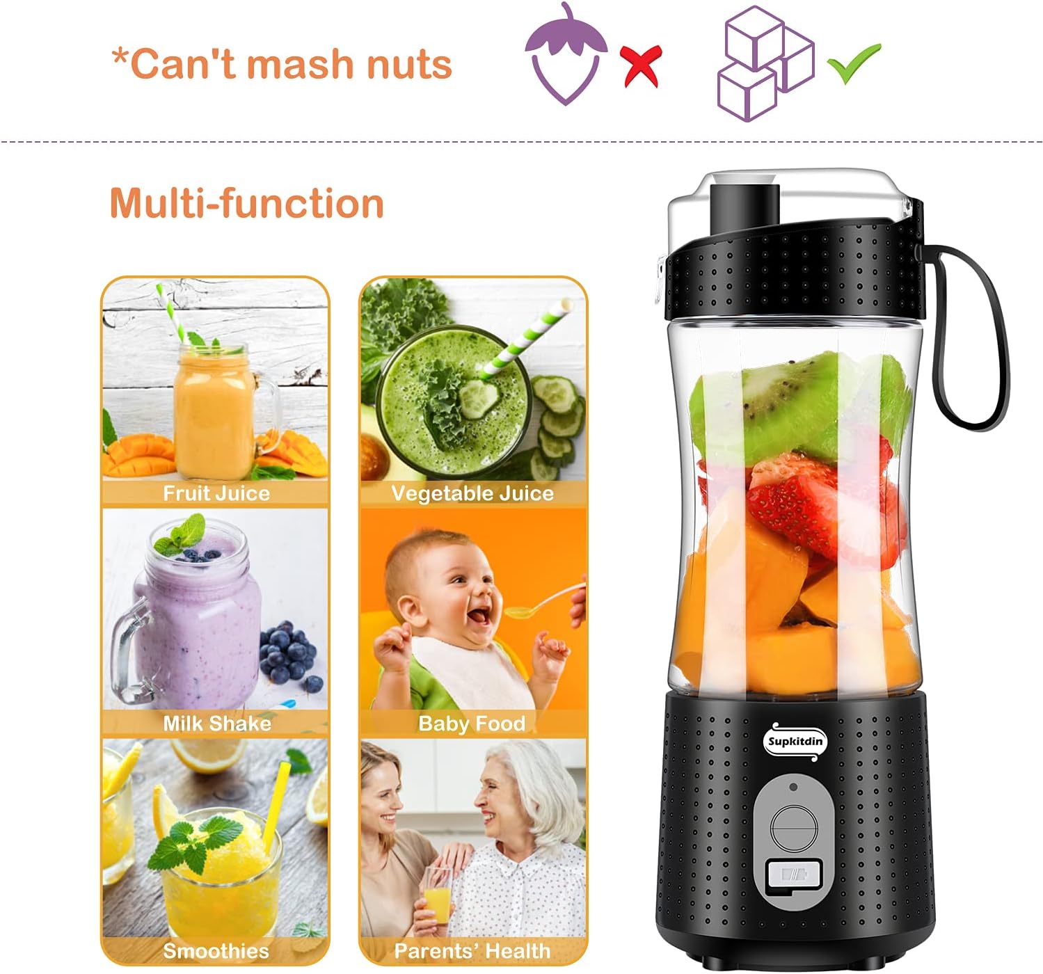 Portable Blender, Personal Size Blender for Smoothies, Juice and Shakes, Mini Blender with Powerful Motor 4000mAh Rechargeable Battery, Six Blades, for Home, Travel, Office (Black): Home & Kitchen