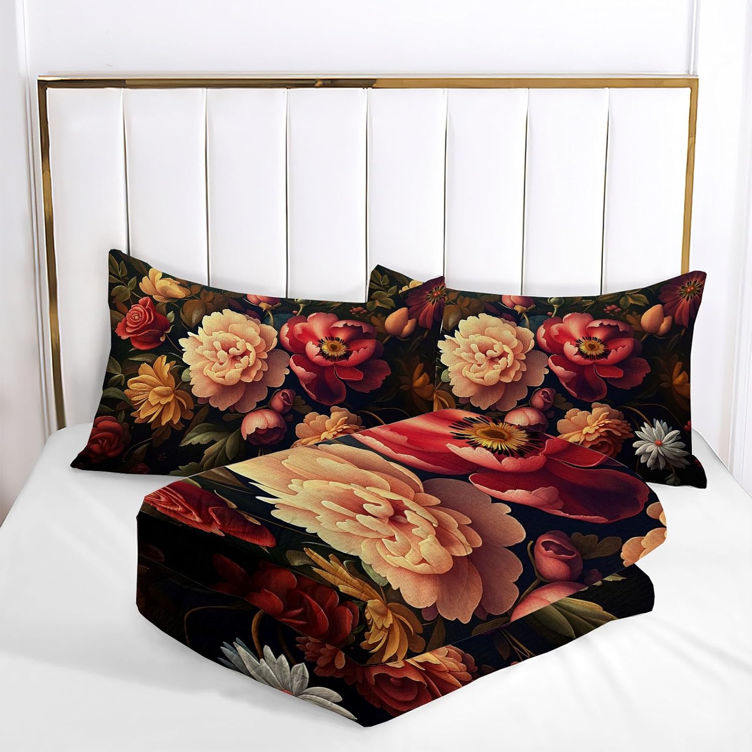 Oil Painting Style Comforter Set King Size, Peony and Daisy Bedding Set for Girls Boys, Brick Red Quilt Bed 104"X90" Bedding Comforter Sets with 2 Pillowcase Room Decor