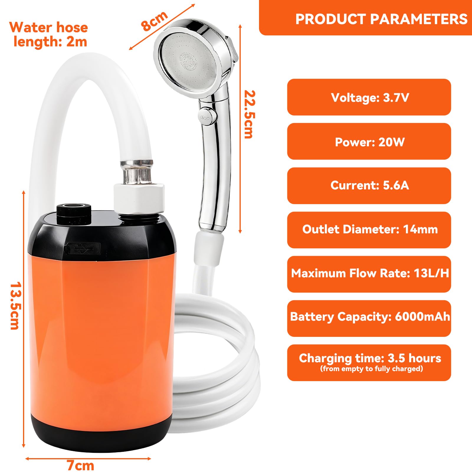 Ducha de Camping portátil con batería y Bomba, Pantalla inteligente bomba de agua autocebante ajustable de dos niveles con manguera de ducha y accesorios, 6000 mAh, valor Wh 22.2.