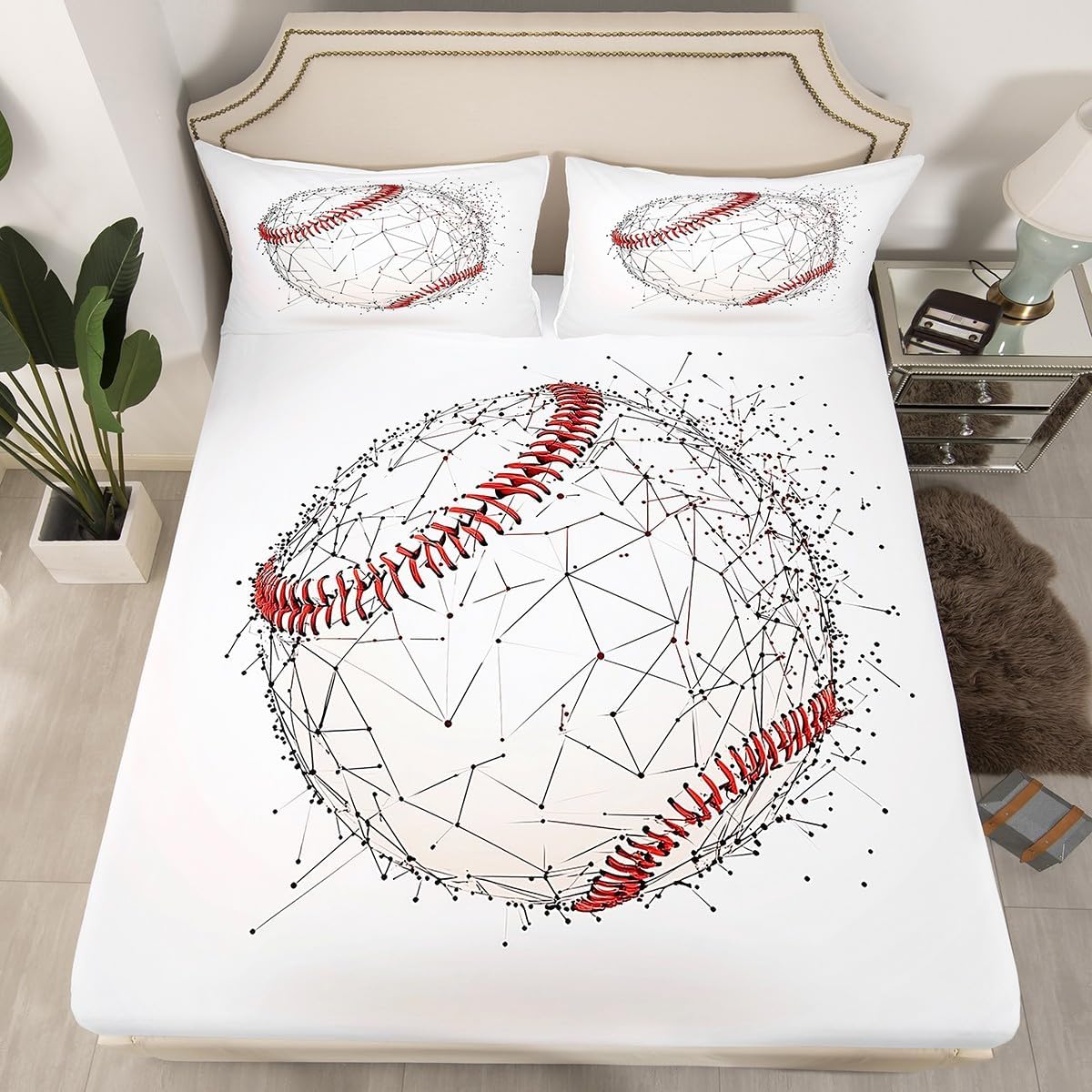 jejeloiu Baseball Bed Sheets Set Twin Size Boys Girls Sports Game Fitted Sheet for Kids Baseball Gaming White Red Bedding Set Room Decor