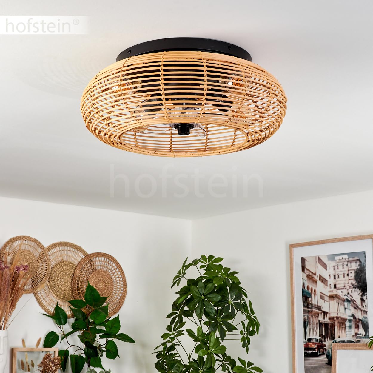 HOFSTEIN Ventilatore a soffitto Mulstrand, ventilatore in metallo/bamboo in nero/naturale con telecomando, funzione di flusso d'aria ascendente e discendente e effetto luce sul soffitto, plafoniera a