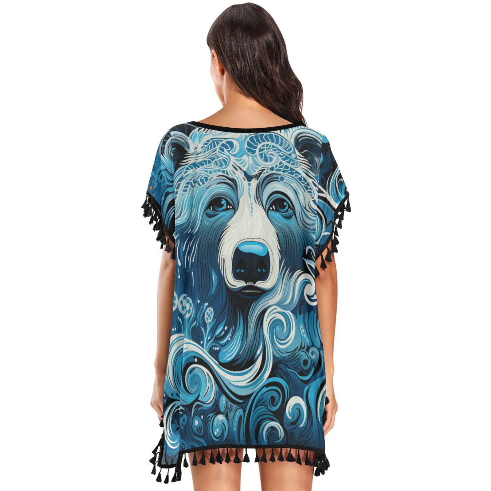 Blue Abstract Art Bear Women's Beach Cover Up Chiffon Tassel Swimwear Swimsuit Coverups for Girl