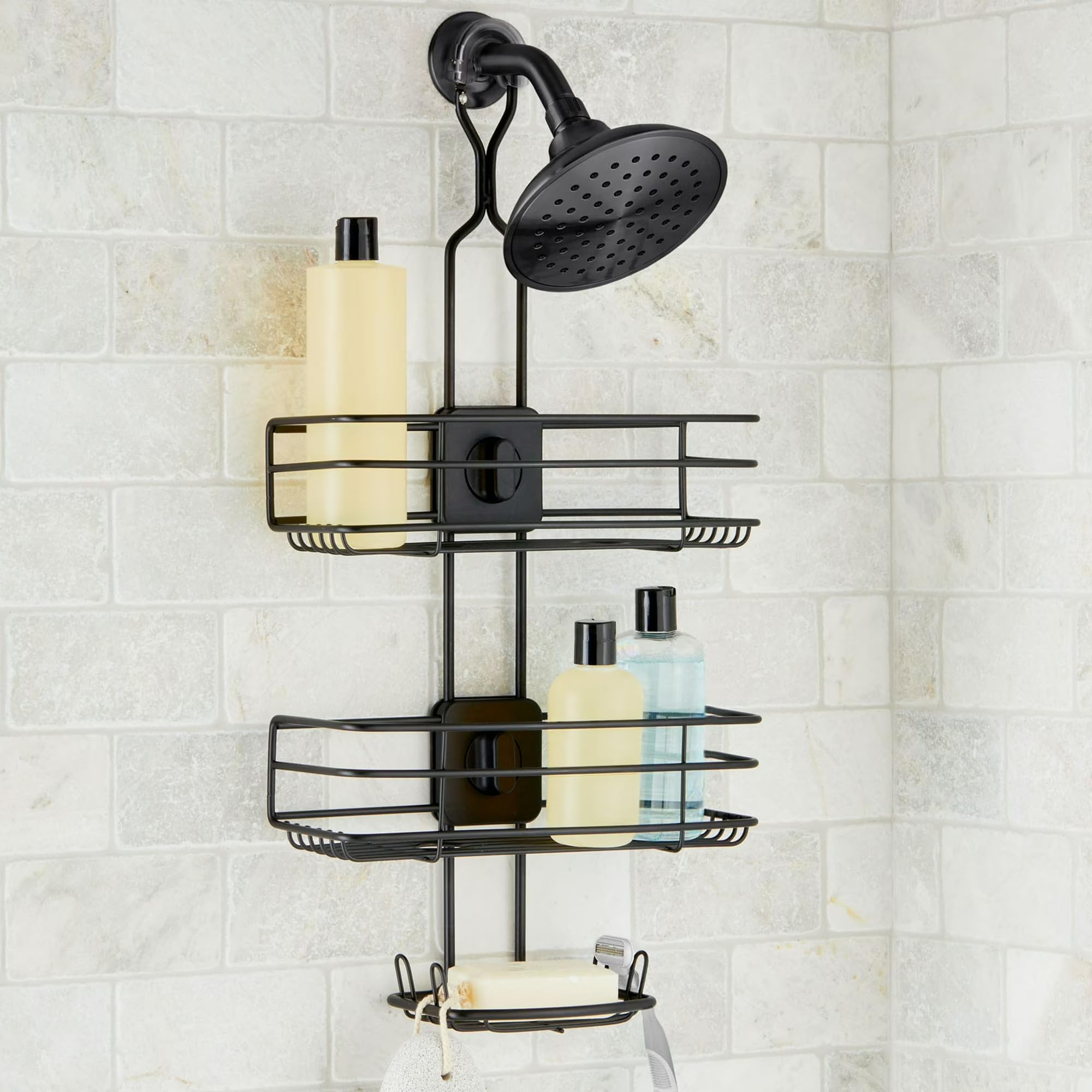 TAYNEVO 4-Way Adjustable Steel Shower Caddy with 2 Shelves and Soap Dish Black Bathroom Organizer Rack