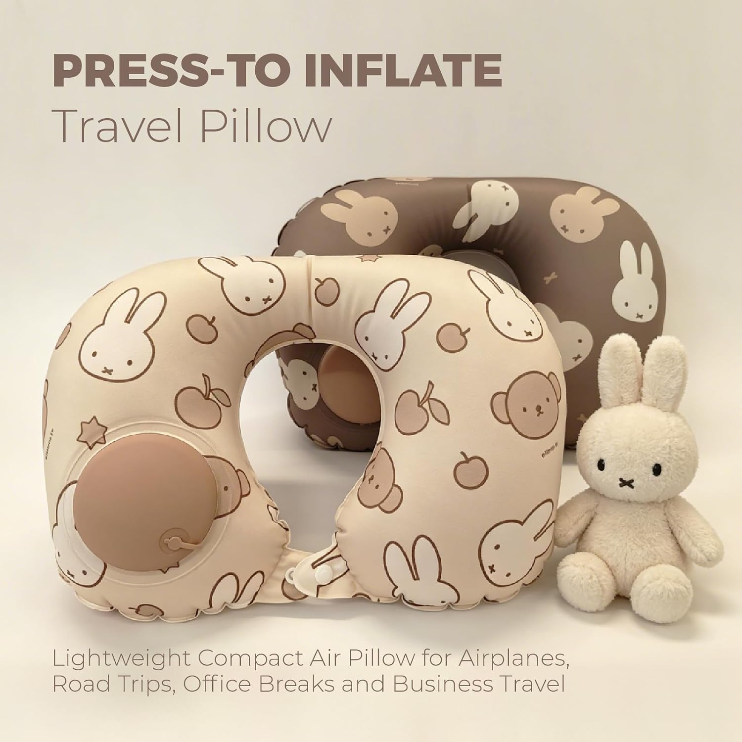 MIPOW x Miffy 2 Pack Travel Pillow Inflatable, Adjustable Neck Air Pillow for Flying, Blow Up Traveling Accessories, Lightweight Neck Support for Airplane Flight, (Light Beige+Dark Coffee Color)