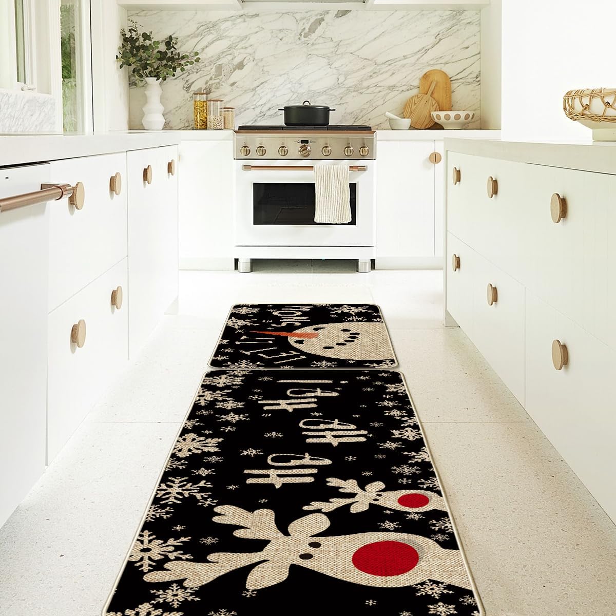 Artoid Mode Snowman Deer Let It Snow Snowflake Christmas Kitchen Mats Set of 2, Winter Decor Low-Profile Kitchen Rugs for Floor - 17x29 and 17x47 Inch