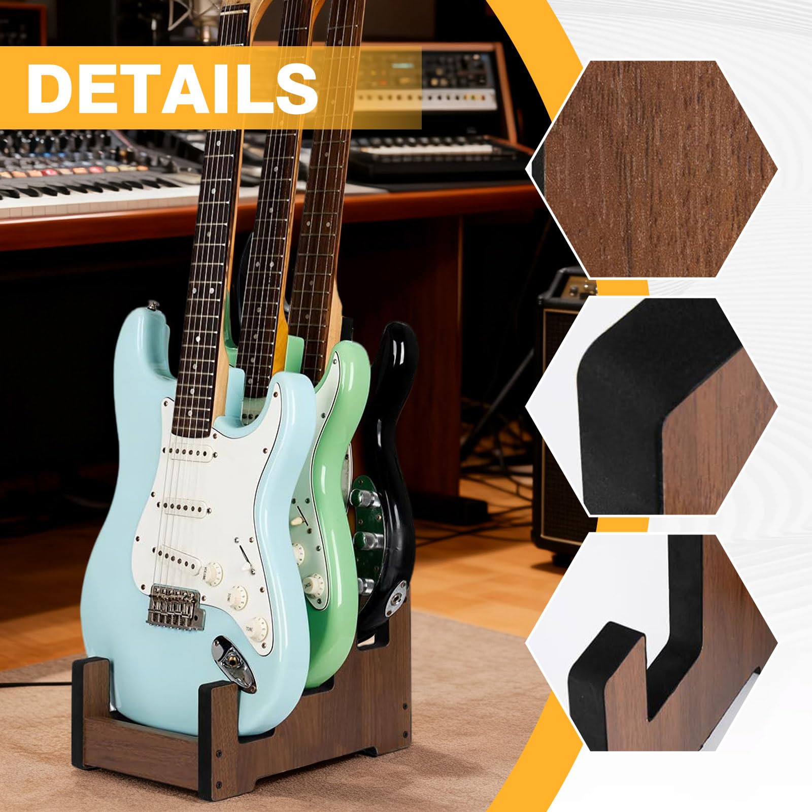 Gitarrenständer Holz für mehrere Gitarren, 3-Halter Gepolsterter Multi-Gitarrenständer Boden Platzsparend 3 Gitarren Display-Rack für Zuhause Studio Bühne (Für 3 E-Gitarren/Bässe)