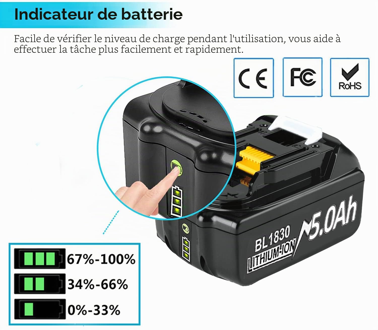 Lot de 2 batteries de rechange 5000 mAh pour batterie Ma-Kita 18 V