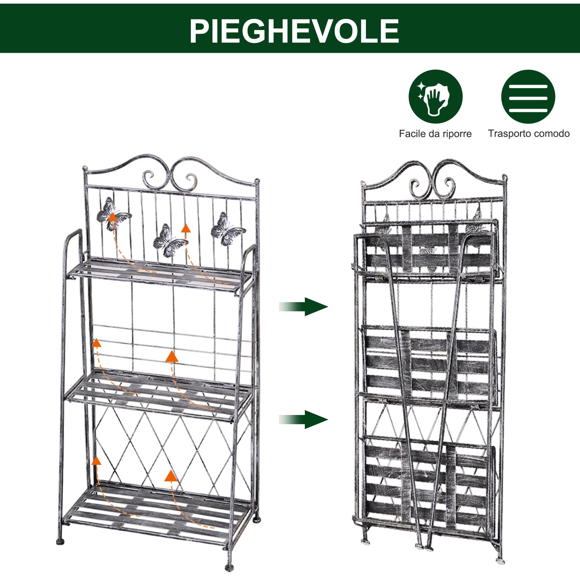 Fioriera 3 Ripiani Pieghevole Porta Piante Esterno 44x25x96 cm Argento | Balcone, Giardino, Metallo
