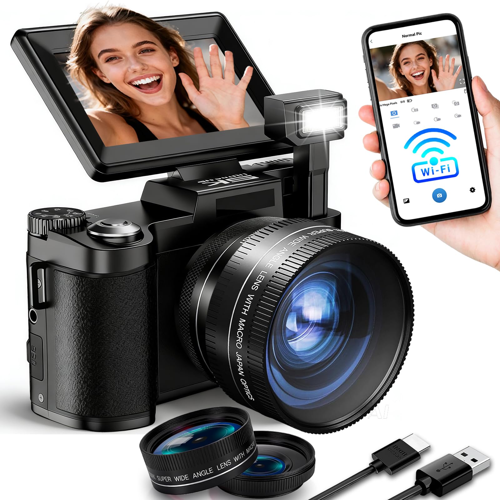 Cámara Digital 5K para fotografía de 64MP con Lente Gran Angular, baterías | Conexión WiFi, 4K, Pantalla giratoria, Enfoque automático, Función webcam, Movimiento lento, Timelapse, Regalo