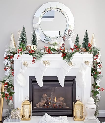 Miniatura 6 de Guirnalda de bayas rojas para decoración de Navidad, guirnalda de Navidad de 6 pies con hojas de acebo, agujas de pino, bayas rojas y conos de pino