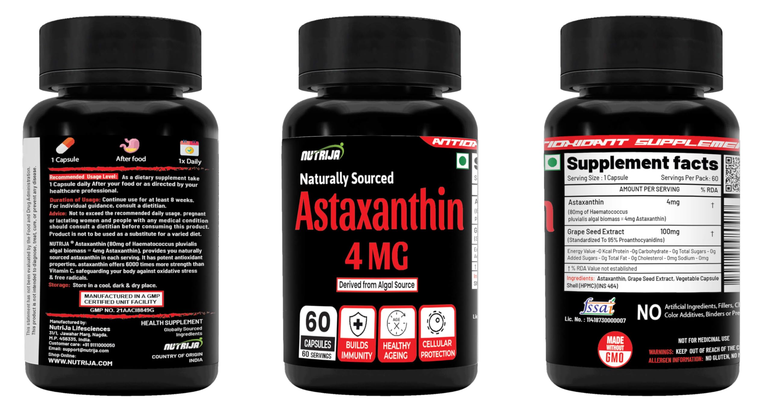 NutriJa Naturally Sourced Astaxanthin 4mg with Grape Seed Extract - 60 Veg Capsules | Powerful Antioxidant for Eye Health, Skin Care & Immunity 2