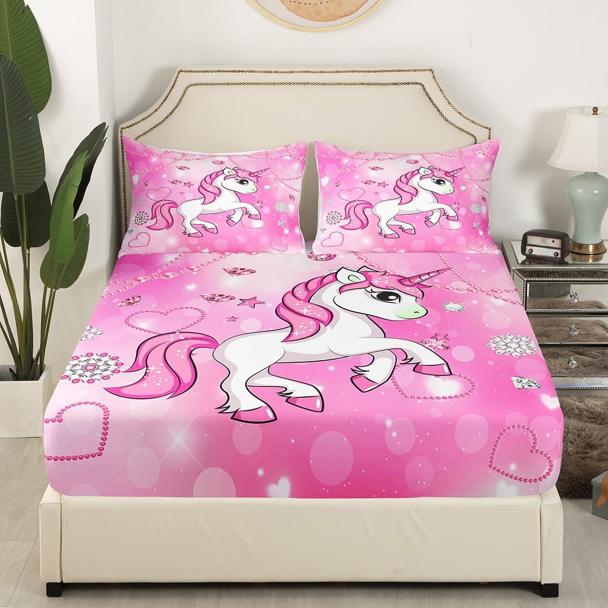 Juego de sábanas de unicornio tamaño King con 2 fundas de almohada con patrón de perlas, juego de sábanas de unicornio para niñas, sábanas rosas para niños, niñas y adultos