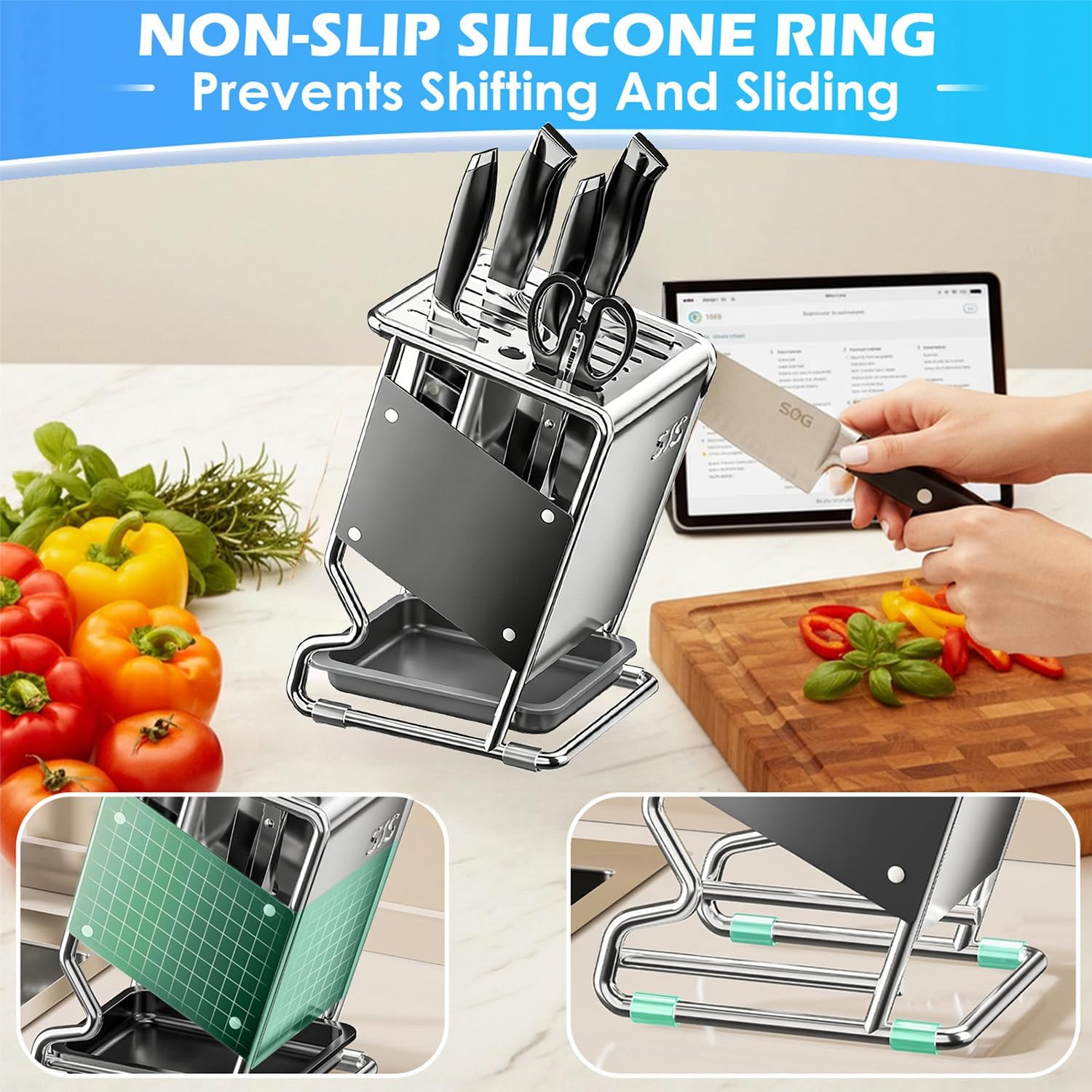 Stainless Steel Knife Block without Knives, Knife Storage with 9 Slot, Universal Knife Holder with Removable Drip Tray, Butcher Block Knife Stand for Easy Kitchen Storage, Gray