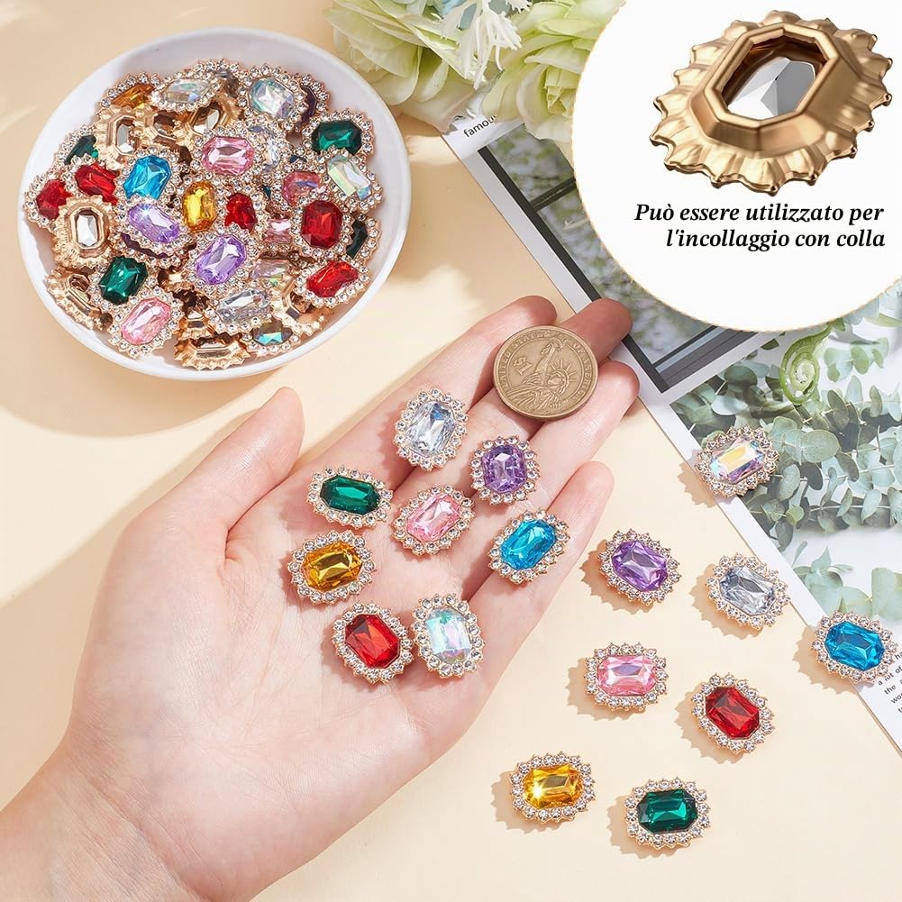 arricraft 64 pz 8 colori Abbellimenti di Strass di Lusso, Bottoni con Strass Sfaccettati Lucidi Sul Retro Piatto Cuciti su Spilla Avvolta In Cristallo Fondo Rettangolare per Abbigliamento