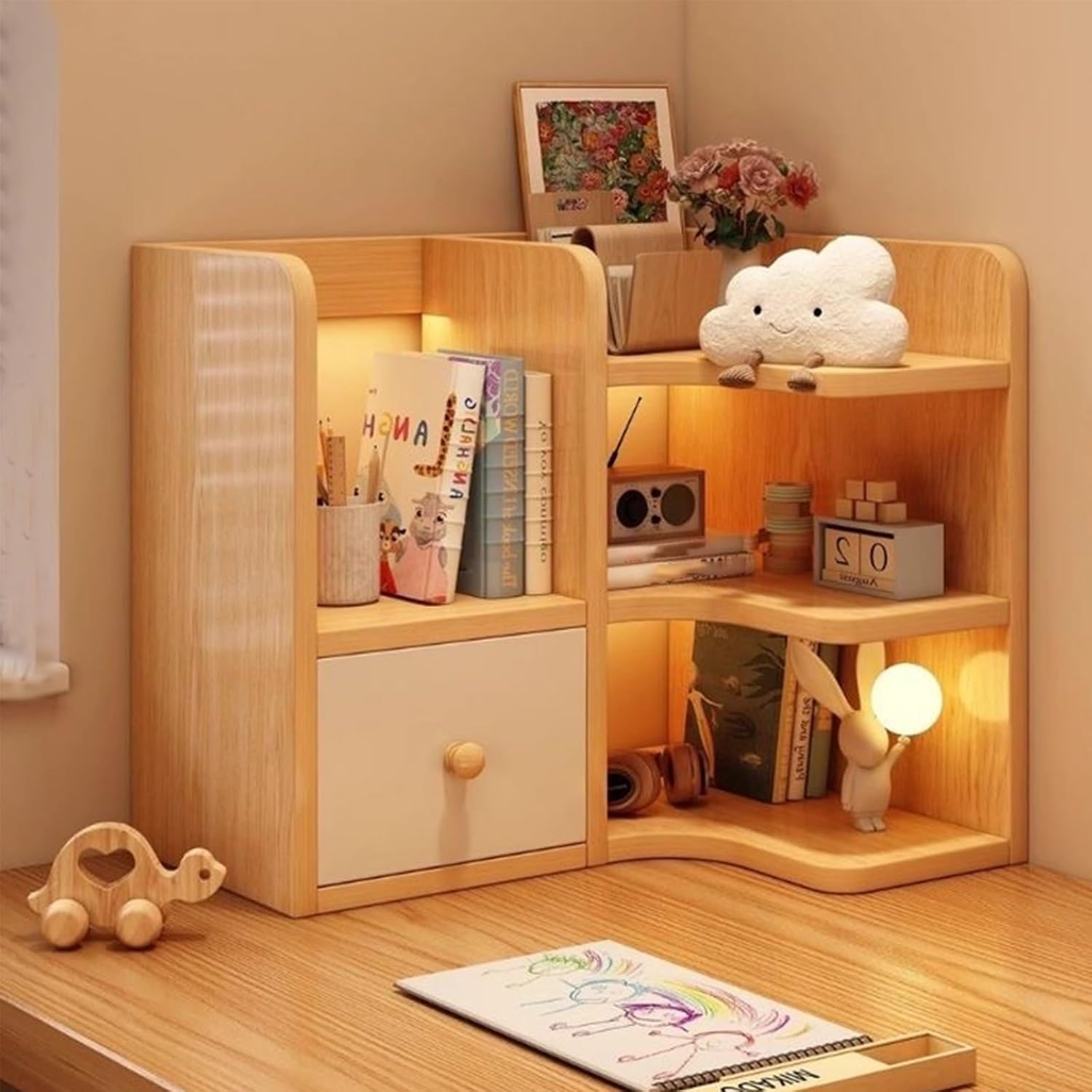 3-Tier Desk Hutch,Wooden Dorm Desktop Bookshelf with Storage Display Rack,Freestanding Bookcase for Computer Desk,Desk Top Organizer Shelf for Home Office
