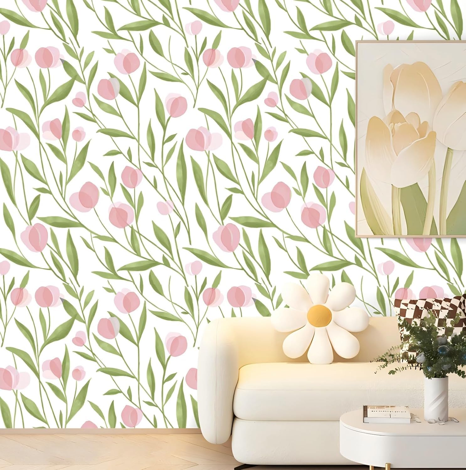 Self Adhesive Wallpaper Pink Floral, 44 x 500cm Peel and Stick Wallpaper Floral Pink White Flower Green Leaves Plants Boho Self Adhesive Furniture Wrap for Living Room,Bathroom,Cabinets,Kitchen