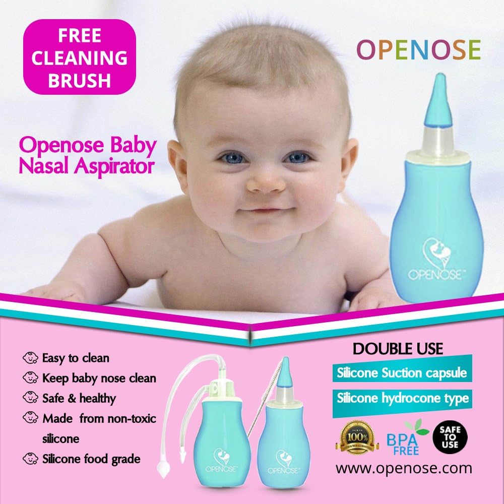 Openose Baby Nasal Aspirator and Booger Remover with Silicone Suction Capsule Include Cleaning Brush. Nose Suction Sucker for New Borns, Cleanable and Reusable BPA Free (Light Blue) by OpenoseTM