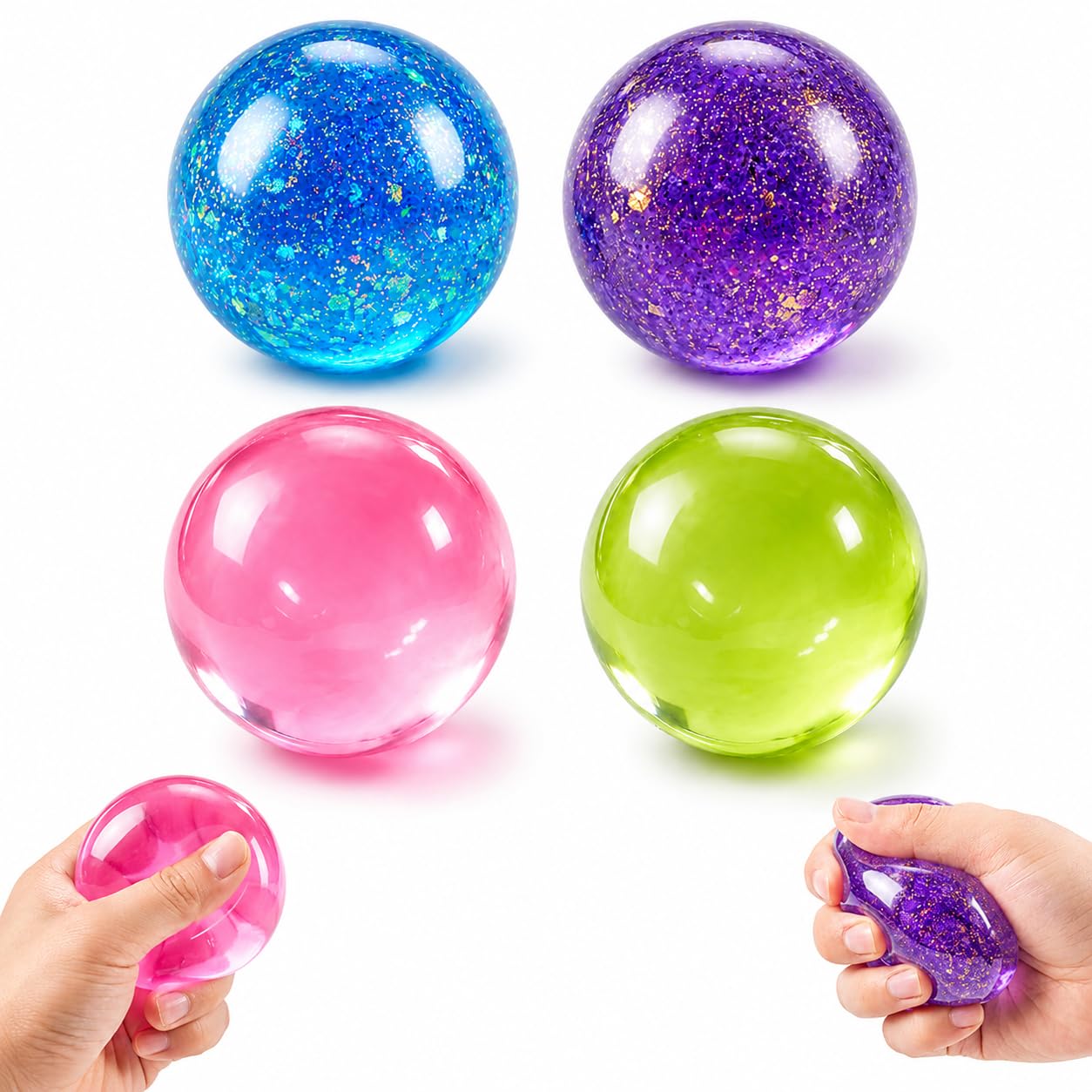 4pcs Fidget Toys, Coconut Oil Stress Ball, Coconut Oil Set with Glitter Blue, Glitter Purple, Pink and Green Colours, Sensory Toys for Stress Relief And Relaxation, For Office and Home Ues
