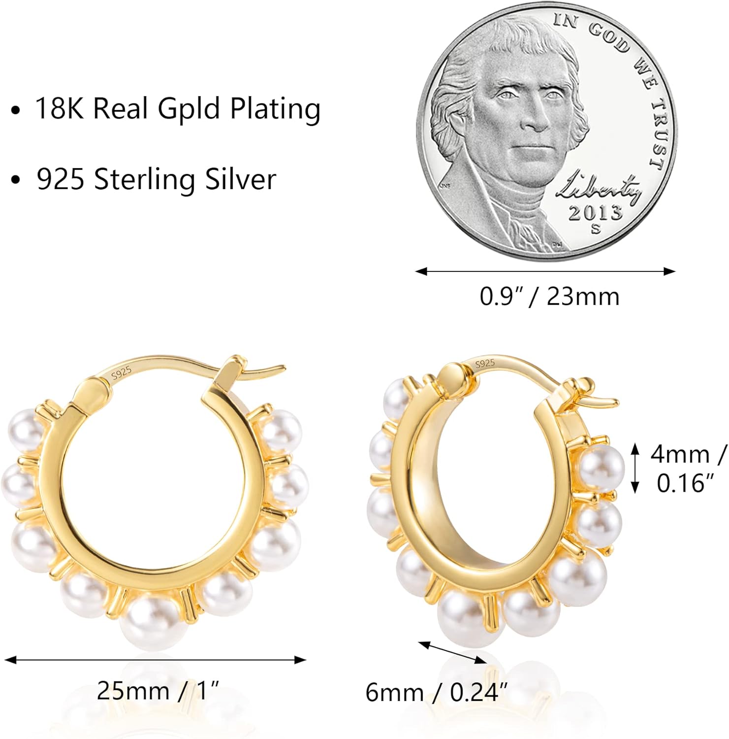 Gold Pearl Earrings for Women Hypoallergenic Sterling Silver Post Gold Pearl Hoop Earrings Pearls Earings for Women Jewelry Gifts - Image 6