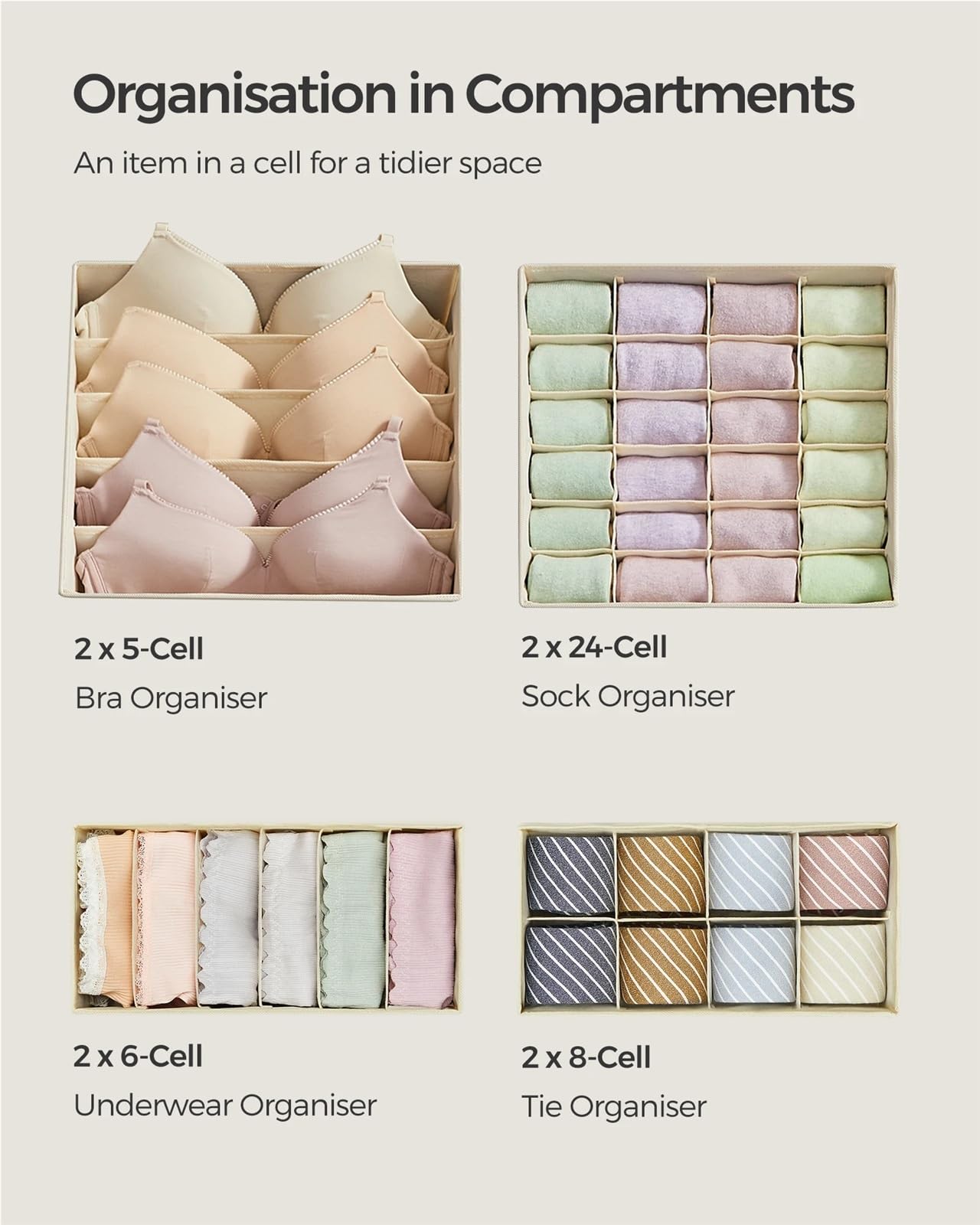 Schrank Organizer Set mit 8 Unterwäsche-Schubladen-Organizern, Trennwänden, faltbar, for BHs, Unterwäsche, Socken, Krawatten, Stoff-Aufbewahrungsboxen
