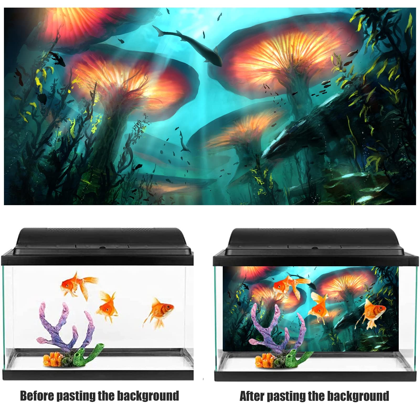 BAHULA Fond d'aquarium Décoration d'aquarium Images Effet 3D PVC Adhésif Poster 3D Monde sous-marin Plantes aquatiques Décoration Papier Autocollant 122 x 76 cm