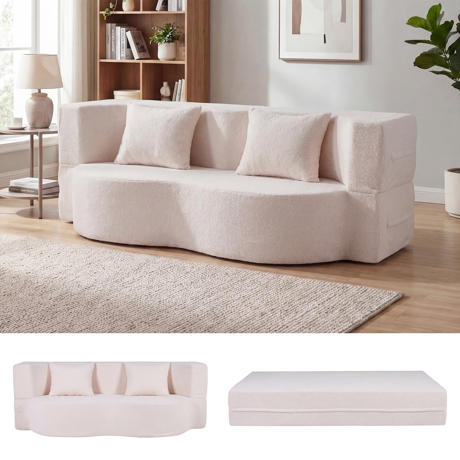 COSTWAY Sofá Cama de 2 Plazas, 192,5 cm, Sofá Convertible en Cama 2 en 1 de Tela de Polar Teddy con 2 Almohadas, sin Montaje, Sofa Comprimido de 2 Plazas sin Marco para Salón Cuarto Invitados (Blanco)