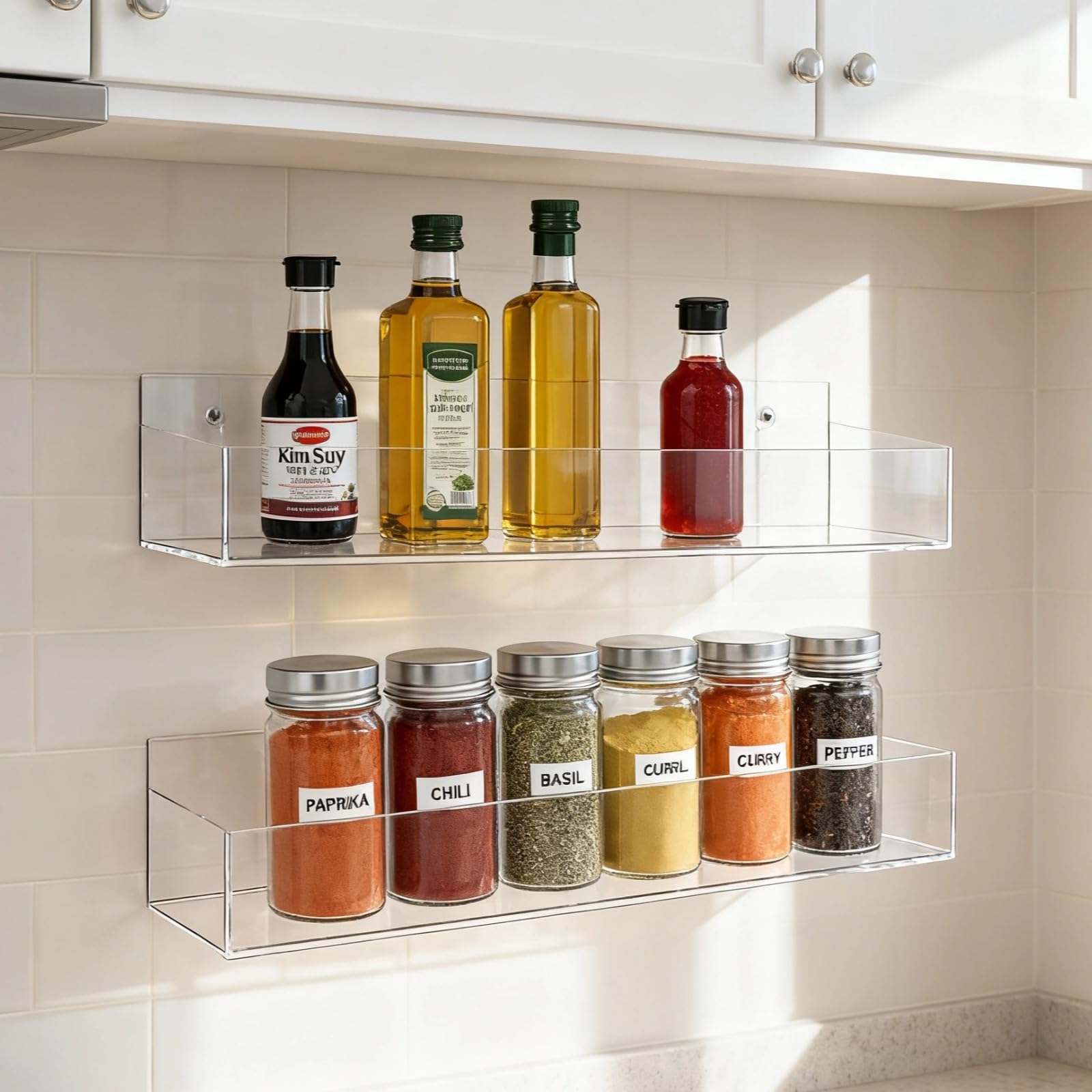 4 estantes de especias de montaje en pared, organizador de especias acrílico transparente, estantes adhesivos y colgantes para despensa de cocina, ahorro de espacio
