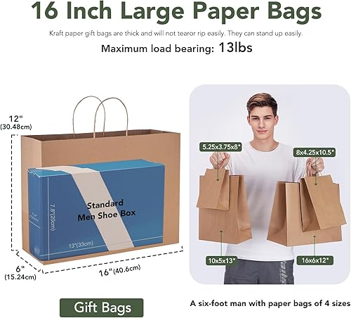Miniatura 9 de GSSUSA Bolsas de regalo grandes con asas 16 x 6 x 12 pulgadas 50 unidades bolsas de papel kraft a granel para pequeñas empresas bolsas de compras de