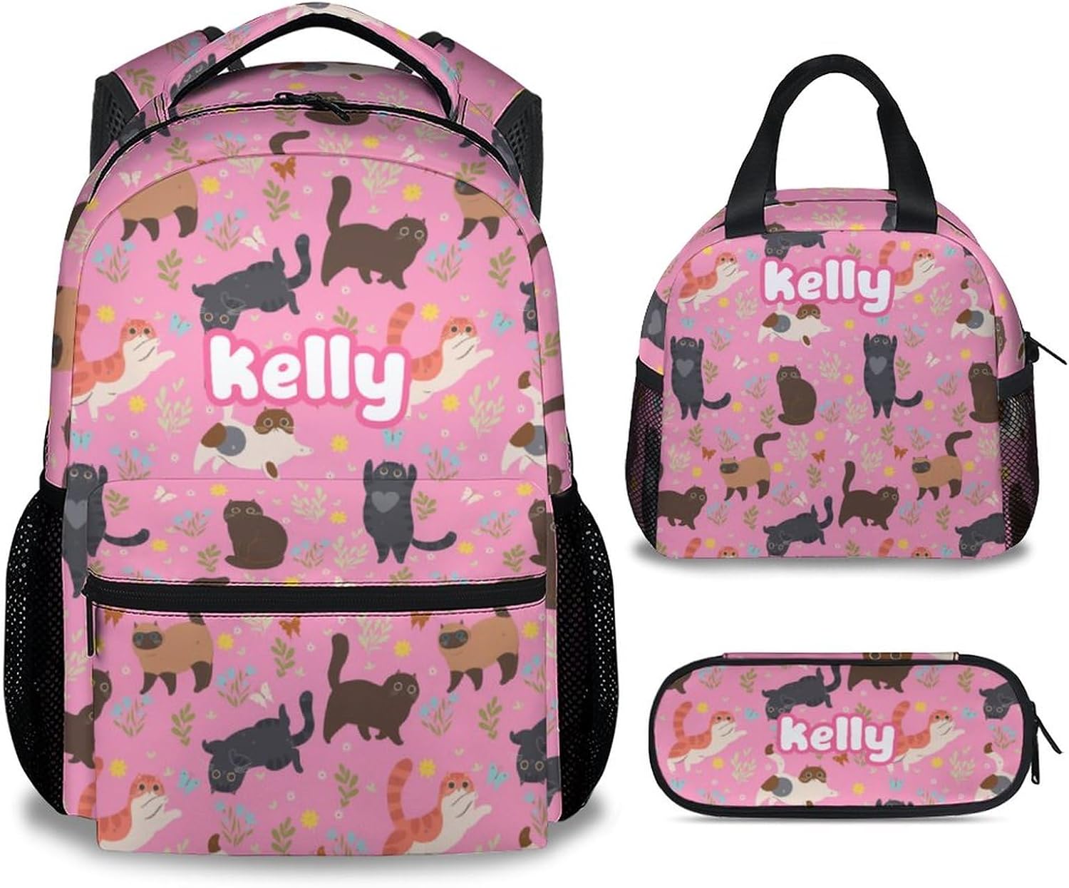 Personalized School Backpack for Girls Boys, 16" Pink Cat Pattern Backpack for School, Custom Cartoon Pattern Large Capacity Lightweight Bookbag for Kids Students