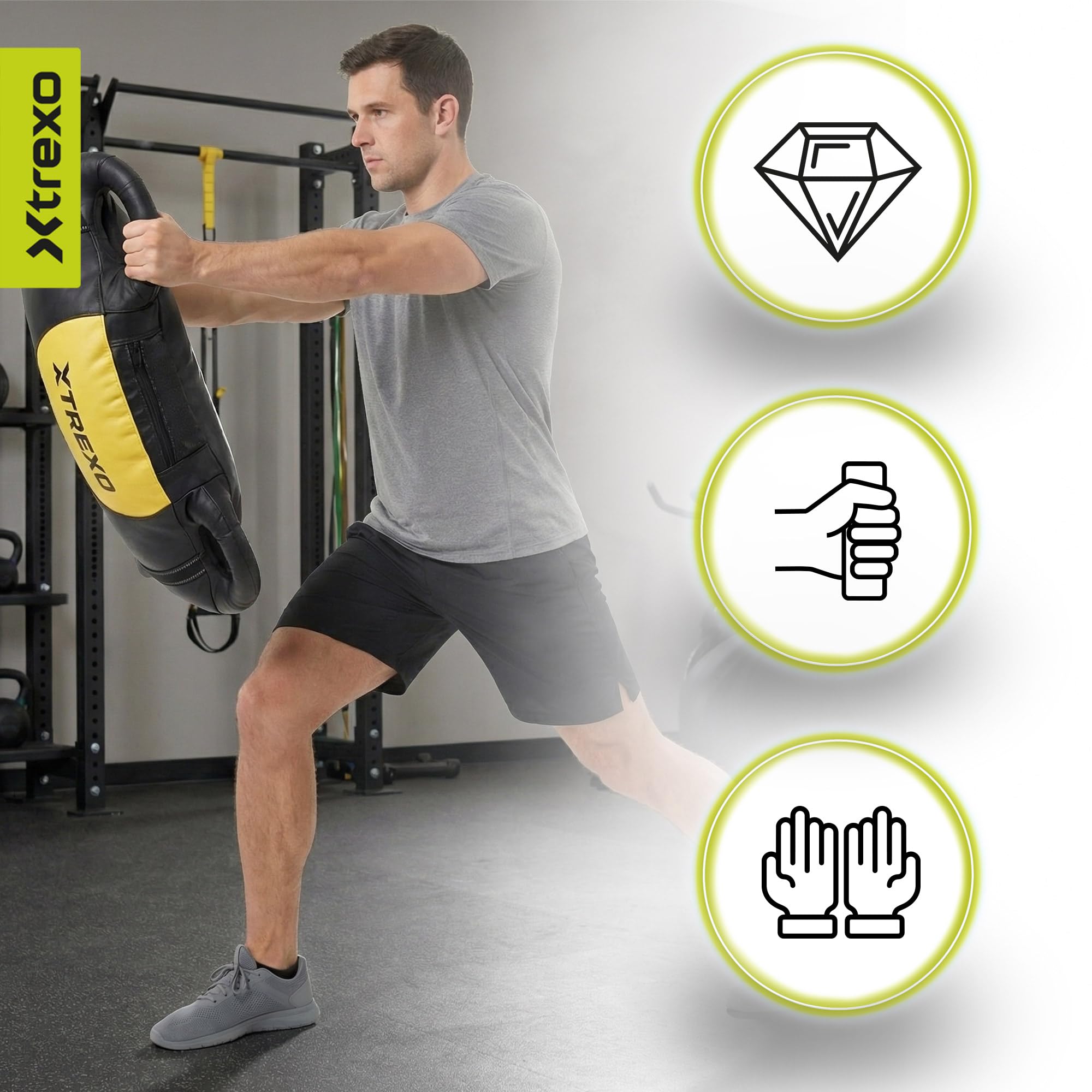 TREXO Bulgarian Exercise Bag 15 kg Entrenamiento Fuerza Fitness Resistencia Hogar y el Gimnasio Bolsa de Entrenamiento de Cuero Eco PU 73 x 40 x 19 cm Saco de Arena Entrenamiento para