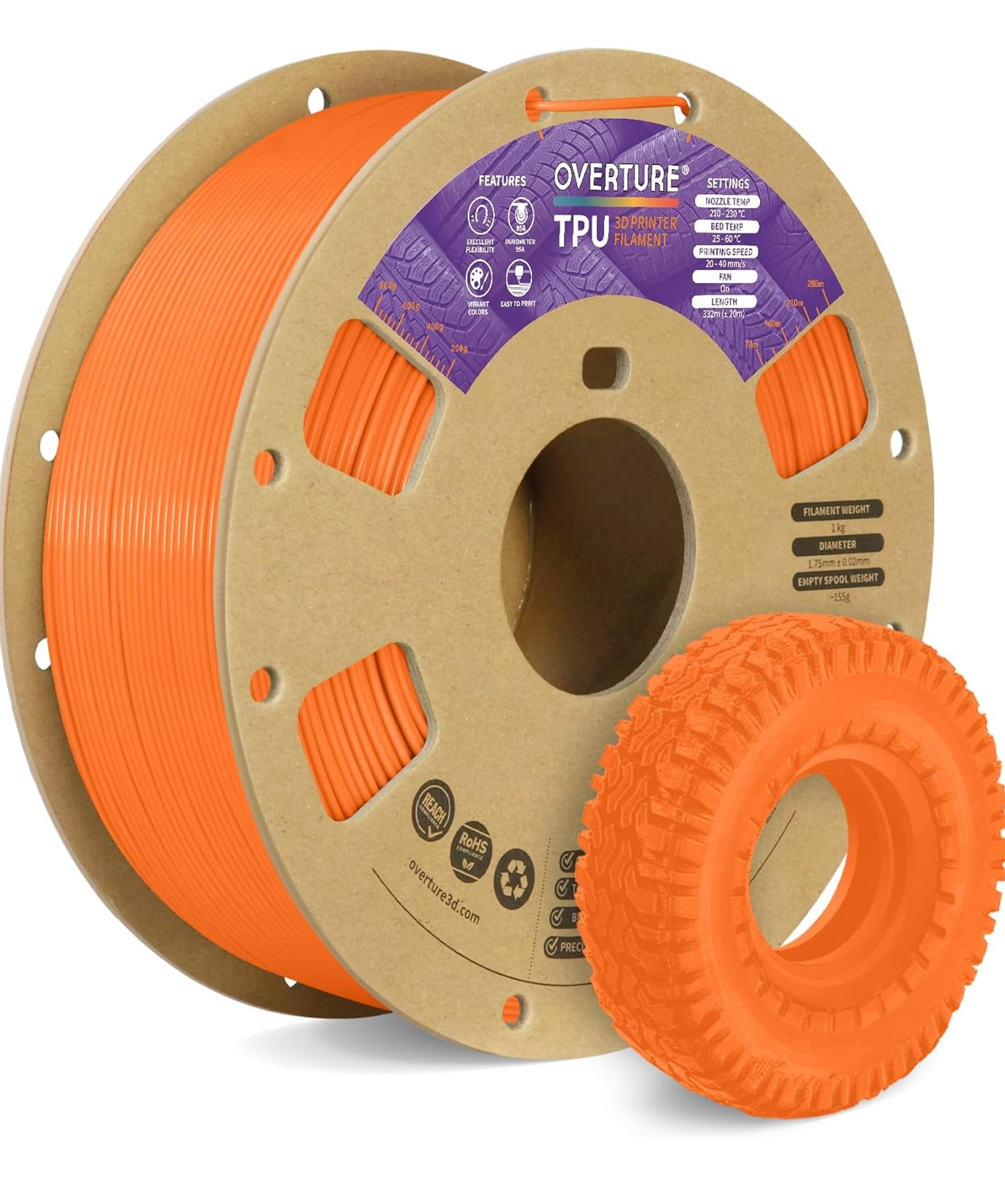 OVERTURE Filamento TPU 1kg, 1.75mm Flessibile TPU Filamento per Stampante 3D, Elevata Liquidità per Stampante 3D (Neon Orange)