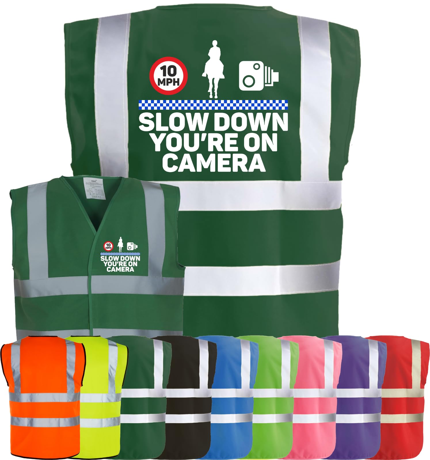 Corporate Togs Equine Hi Vis Waistcoat Vest - SLOW DOWN YOU’RE ON CAMERA Print, Safety Apparel, EN IS0 20471 Class 2 Compliant | Hi Vis Vests for Adults