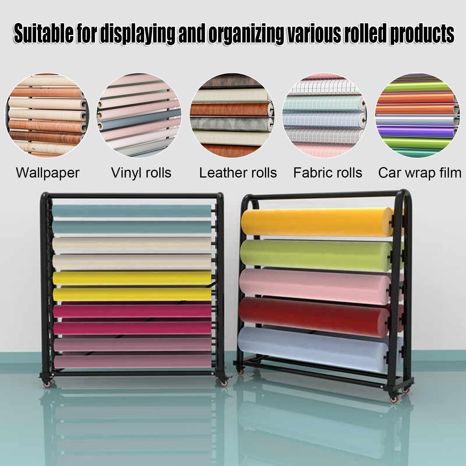 Commercial Fabric Roll Storage Rack with Adjustable Hanging Rod, Movable Heavy Duty Steel Organizer Holder with Wheels for Vinyl Spool/Wallpaper/Window Film/Tablecloth Rolls Displays(18 rods,172x45x17