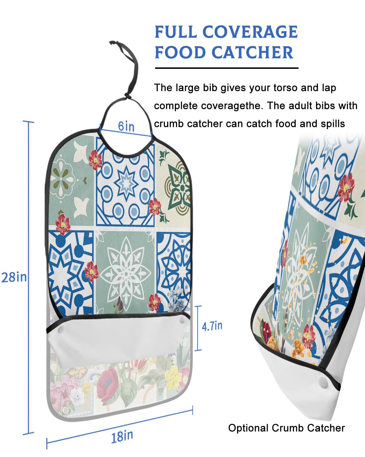 LEOKOTI Spring Floral Adult Bibs for Eating, Waterproof Bibs with Food Catcher & Adjustable Snap Closure, Vintage Botanical Blue Teal Geometric Washable Clothing Protectors Adult Bibs for Elderly