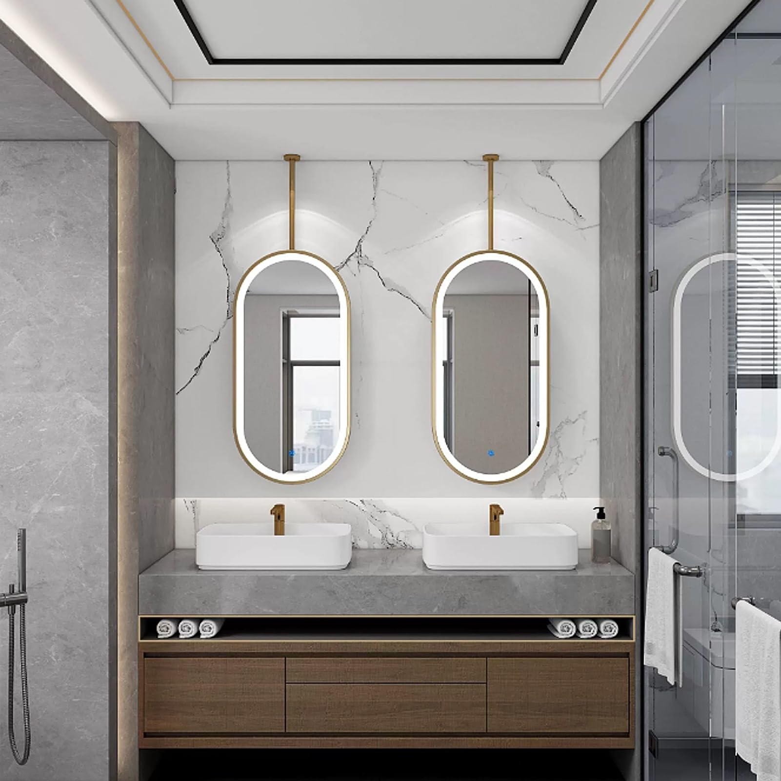 FGXHHS Ceiling Mounted Mirror with Metal Hanging Rod，LED Bathroom Gold Oval Vanity Makeup Shaving Mirrors Lights，Suspended Decorative for Home(40cmx60cm)