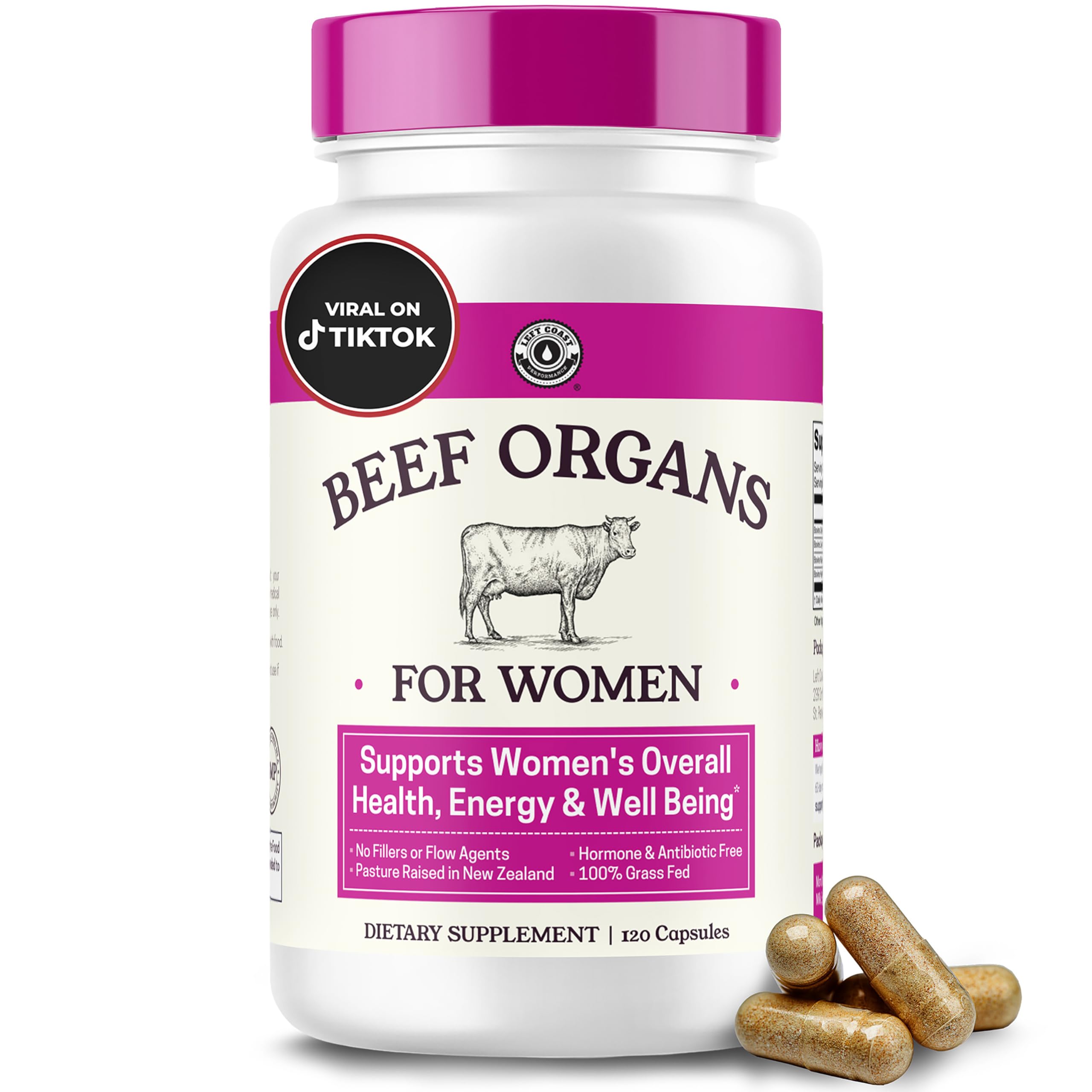 Beef Organ Supplement for Women - Beef Liver, Kidney, Heart and Uterus Tissue, Supports Women's Overall Energy and Health - Pasture Raised in New Zealand - No Fillers or Flow Agents - 120 Capsules