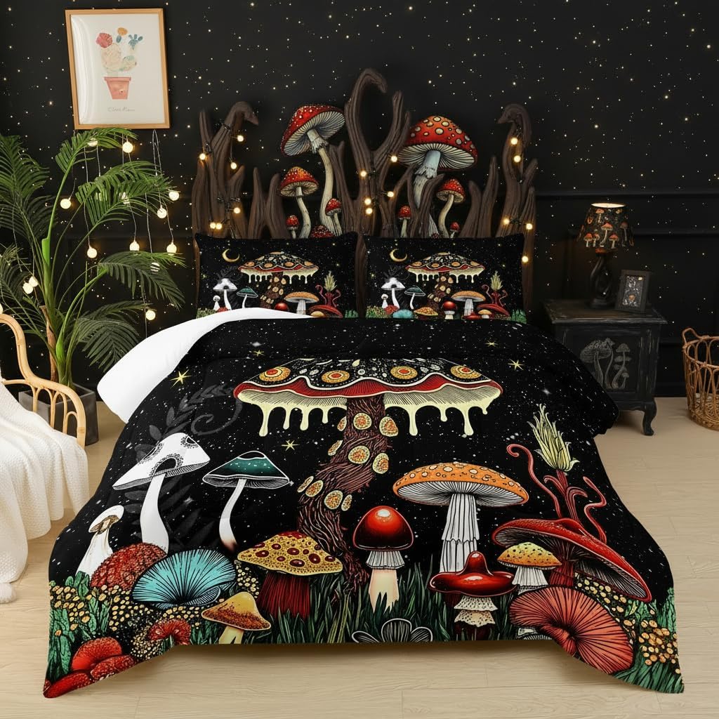 Mushroom Comforter Queen Bed Set，Queen Size Mushroom Bedding Set，with 1 Comforter with 2 Pillow Case