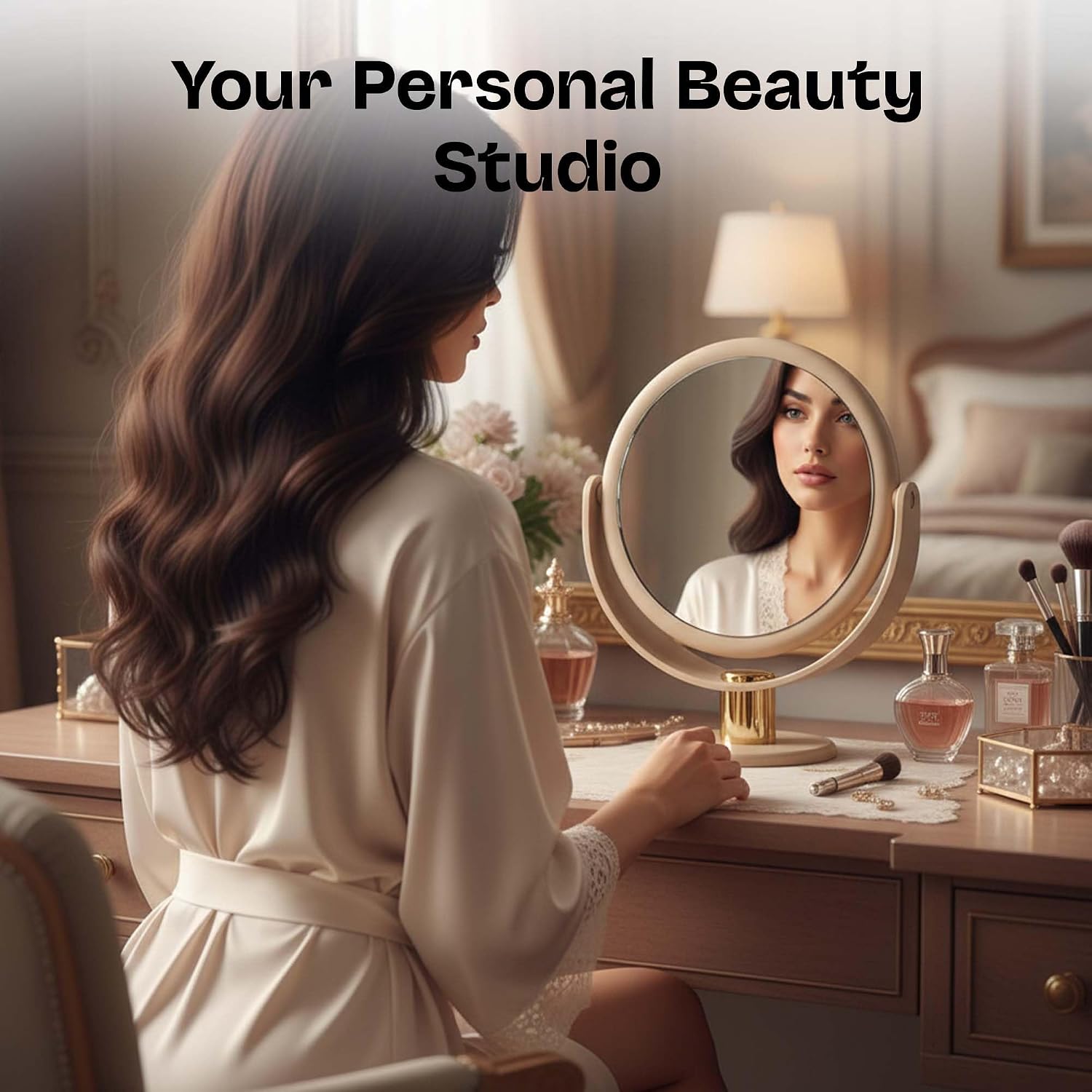 Danielle Creations Round Soft Touch Vanity Mirror – Taupe, 7.48 x 3.94 x 9.06 in, 1x/10x Magnification, Adjustable Stand, Makeup Mirror for Face, Beauty, Travel & Desk Use