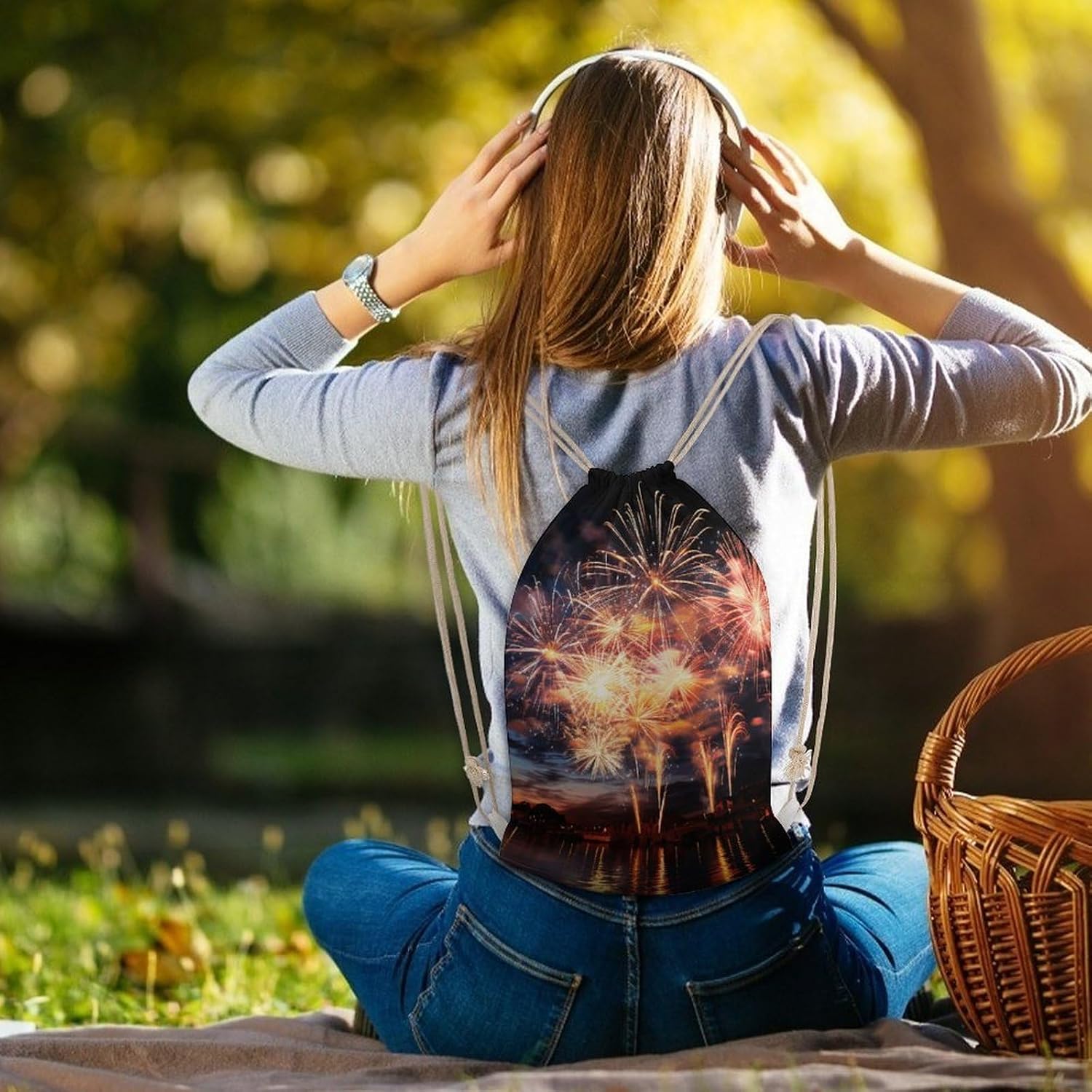 Drawstring Backpack Beautiful Fireworks Printed Sport Gym Drawstring Bag Lightweight Cinch Sacks Backpack Drawstring Bags for Yoga Sport Gym Beach Travel Backpacks