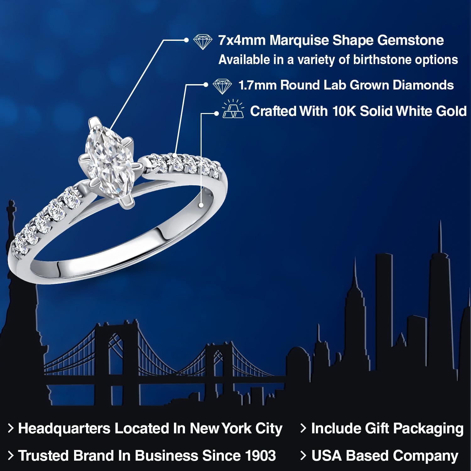 Gem Stone King 10K White Gold Lab Grown Diamond Engagement Ring For Women | 0.53 Cttw | Marquise Cut Diamond Gold Ring | DEF Color | VVS-VS Clarity - Image 2