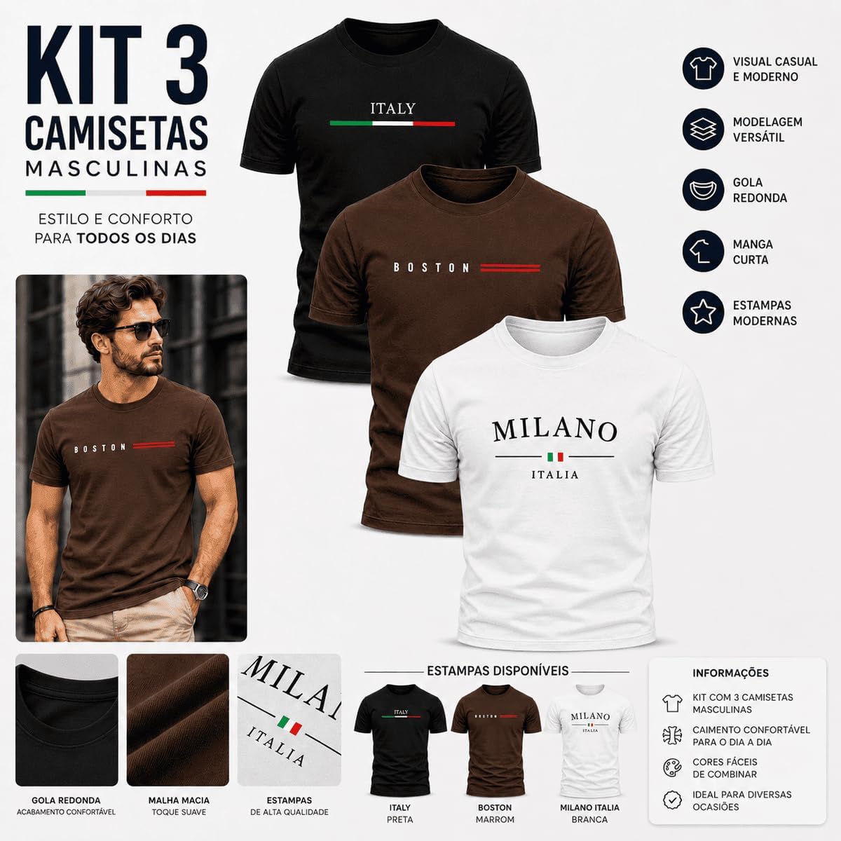Kit 3 Camisetas Masculina Camisa 100% Algodão Blusa Confortável Fio 30.1