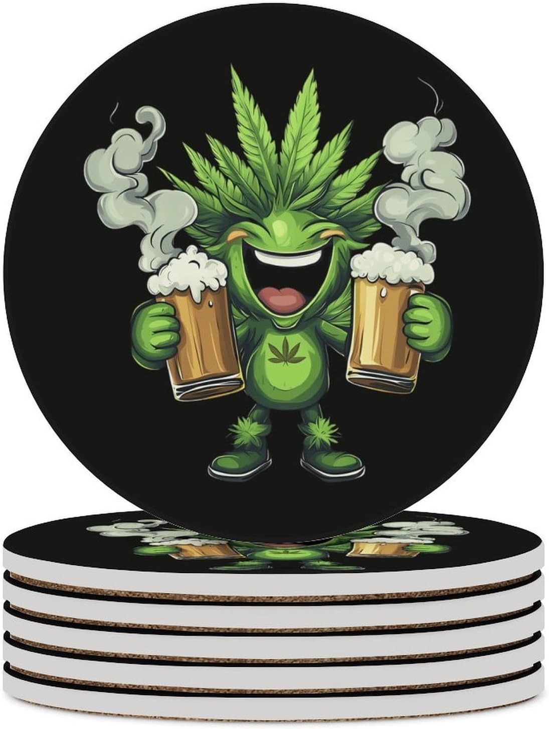 Weed and Beer Funny Round Ceramic Coasters for Drink Absorbent Cup Holders Tabletop Protection