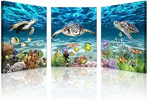 Lapremoly Large Canvas Wall Art for Living Room Wall Decor for Bedroom Bathroom Wall Decoration Ocean Sea Turtle Scenery Paintings Modern Pictures Artwork office Ready to Hang Home Decor 3 Pieces