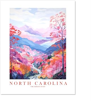 ColorAndFlair North Carolina Travel Print Tarheel State Souvenir NC Nature Pink Orange Blue Wall Art Landscape Poster Scenic Vista 12x16 inches