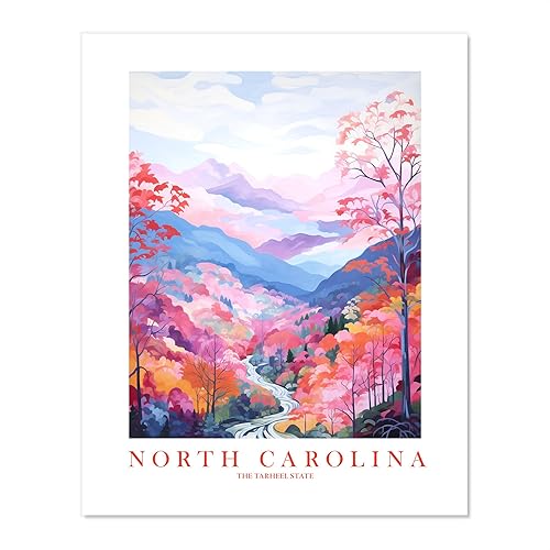 North Carolina Travel Print Tarheel State Souvenir NC Nature Pink Orange Blue Wall Art Landscape Poster Scenic Vista (13x19 inches)