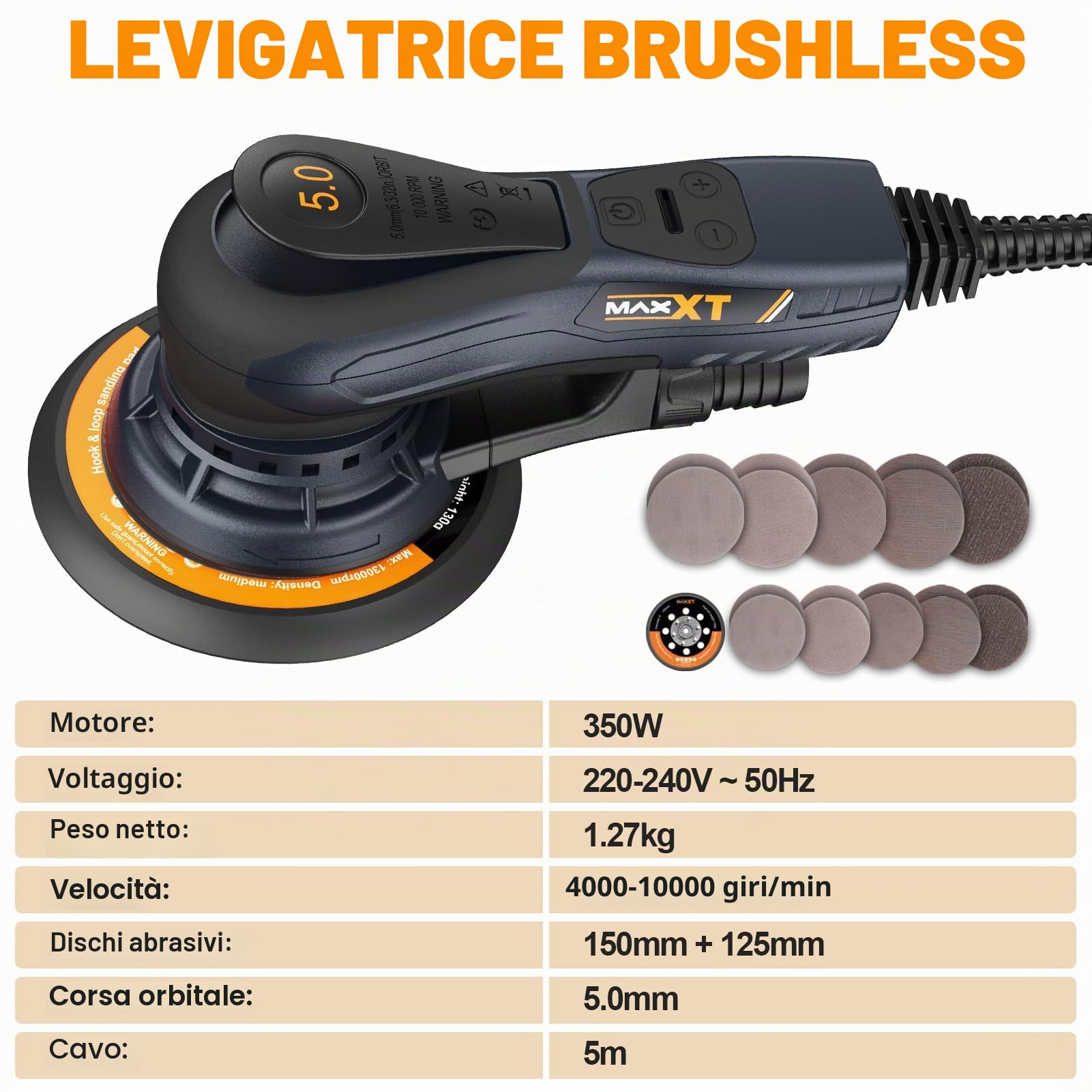 Smerigliatrice elettrica MAXXT senza spazzole da 350 W - Levigatrice orbitale 5.0 con dischi da 150 e 125 mm, attacco a tre punti, 4000-10000 giri/min (6 livelli), con 20 fogli